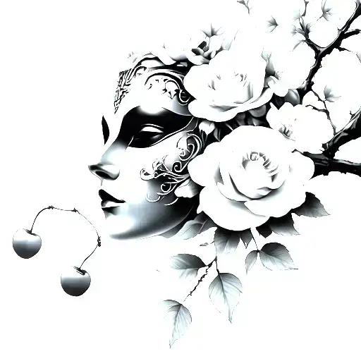Gothic Mask And Cherry Blossoms And Roses