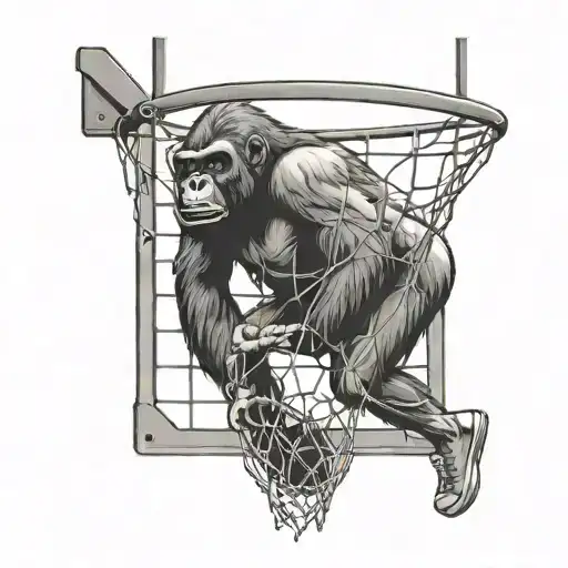 A Basketball Hoop With A Gorilla Hanging From It