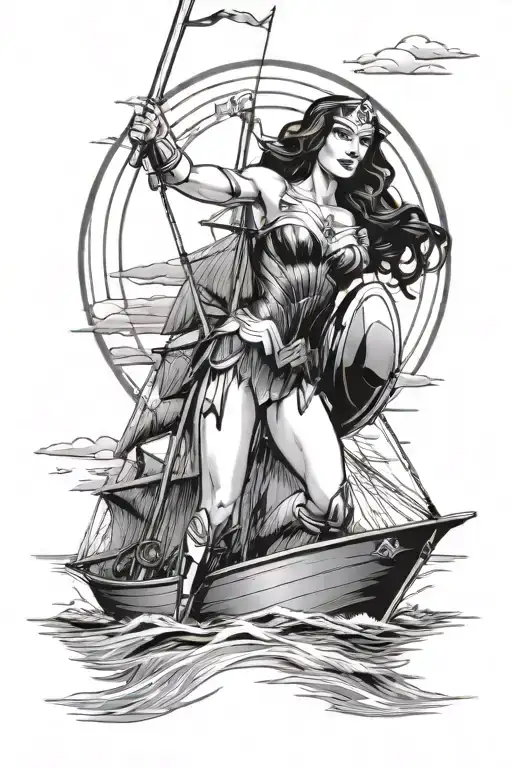 Wonder Woman On Sailboat Into Sunset