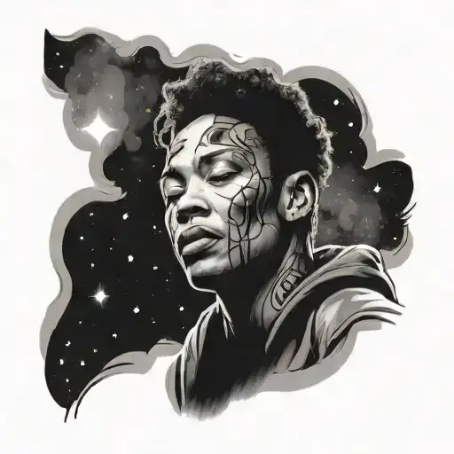 A Black And Grey Portrait Of A Famous Musician With A Galaxy Background