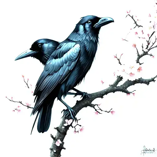 Raven And Crow On Cherry Blossom Tree