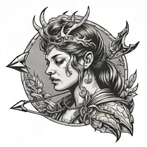 Illustrative Portait Of Artemis Holding An Arrow Surrounded By Antlers