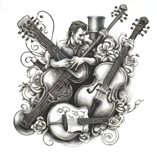 A Family Portrait Tattoo With Each Member Represented By A Different Musical Instrument