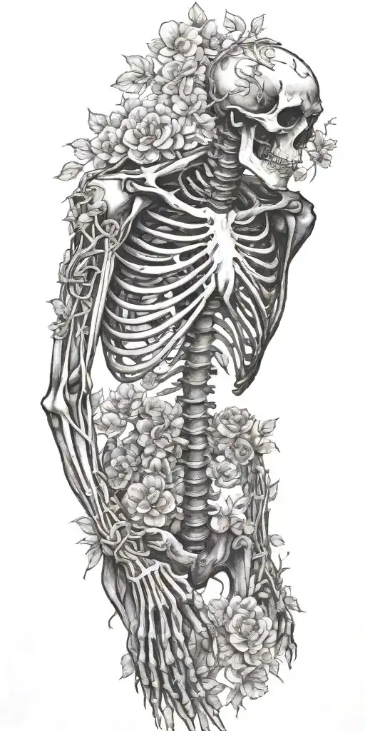 A Full Skeleton With Ribs Arms Legs Wrapped In Vines And Flowers