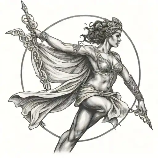 A Black And Grey Tattoo Of A Greek Goddess Elegantly Pole Dancing
