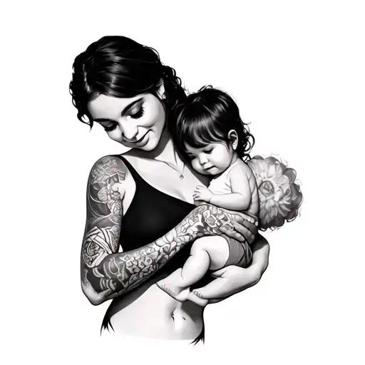 Tatted Mom Carrying Her Child Standing
