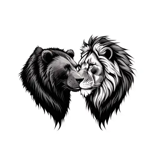 A Bear And A Lion Facing Each Other Face To Face