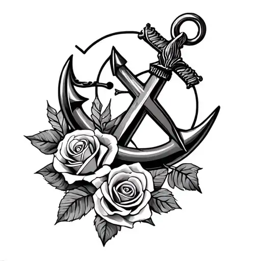 Roses And Nautical Star With An Anker Intertwined With Roses