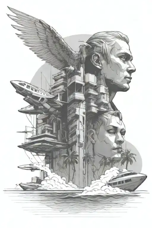 A Men Fly Over Futuristic Buildings Located On A Beach With Palm Trees