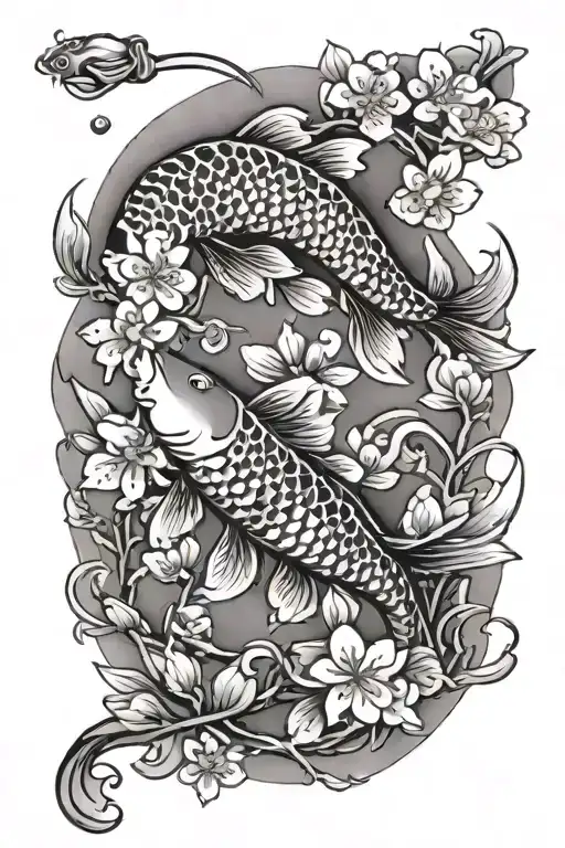 Cherry Blossoms Koi Fish Swimming Upstream