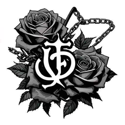 Hand Tattoo That Has The Berserk Symbol Laying On Some Roses With Chains