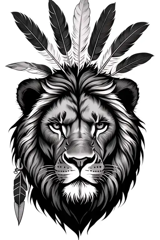 Lion That Represents Courage With A Scar In The Face And With Many Indian Feathers On His Head