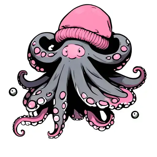 Small Pink Octopus In Winter Clothing Anime Style