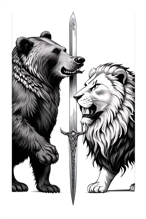 A Bear And A Lion Facing Each Other Face To Face With A Sword In The Middle Separating Them