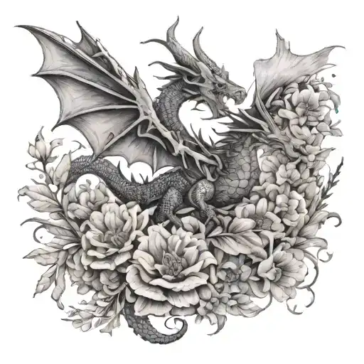 An Intricate Design Of A Dragon Flying Over A Field Of Flowers With Butterflies Floating Around