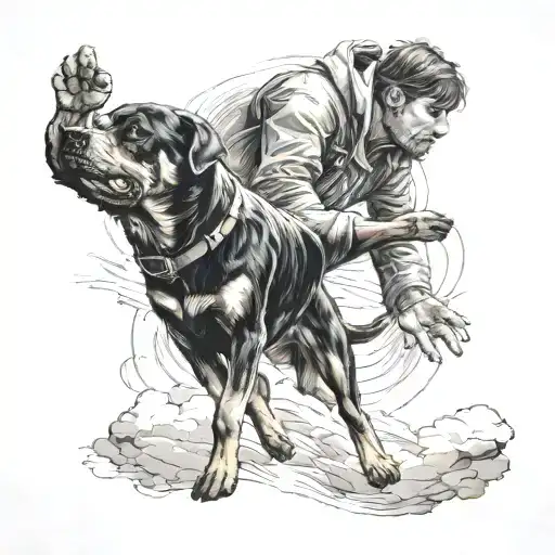 Man Reaching Out To Rottweiler In Sky