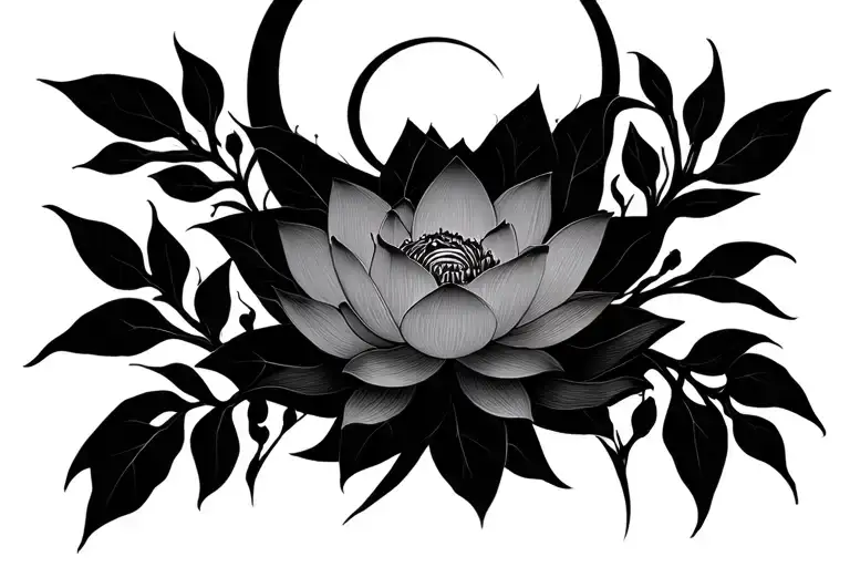 Geometric Vines Below Blooming Lotus With Crescent Moon Above