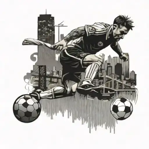 An Intricate Design Of A Soccer Player Kicking A Ball With A City Skyline In The Background