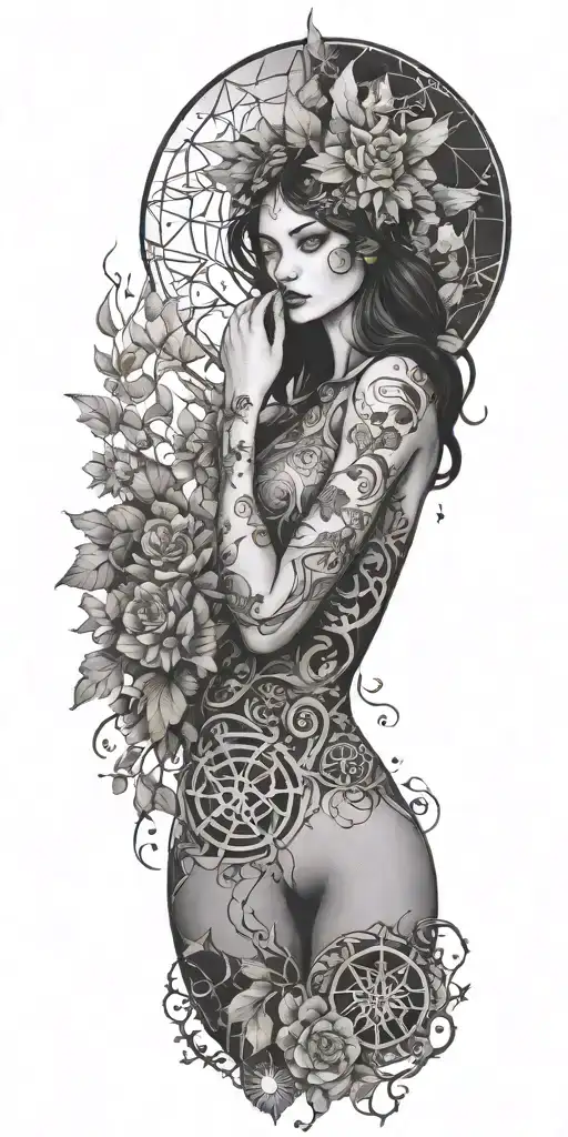 A Witch's Familiar Surrounded By Mystical Runes And Plants