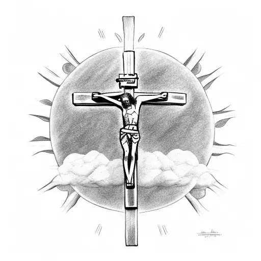 Crucifixion Surrounded By Clouds With The Sun Beaming Down From Above