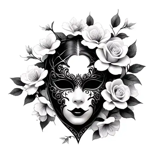 Gothic Mask With Cherry Blossom And Roses Growing