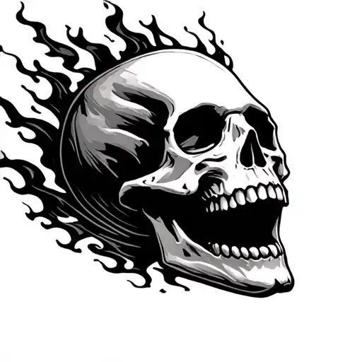 Black And White Skull From Front Laughing In Flames