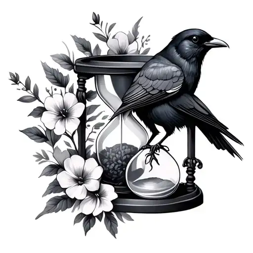 Hourglass With Crow And Flowers