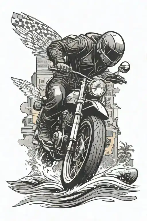 A Motorcycle Racing Through A Beach Town With Interior Design Motifs On The Buildings