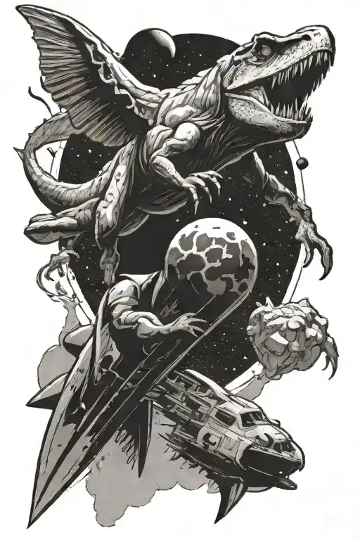 Earth Hit By Asteroid And Dinosaur Flying Away On A Rocket