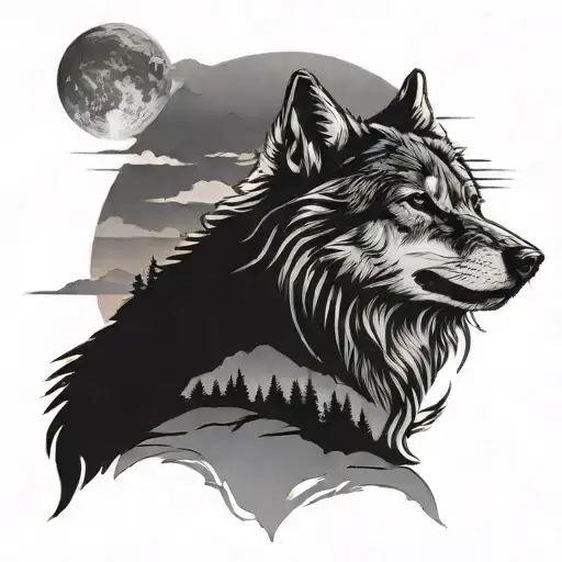 A Majestic Sunset Over A Mountain Range With A Silhouette Of A Wolf Howling In The Foreground