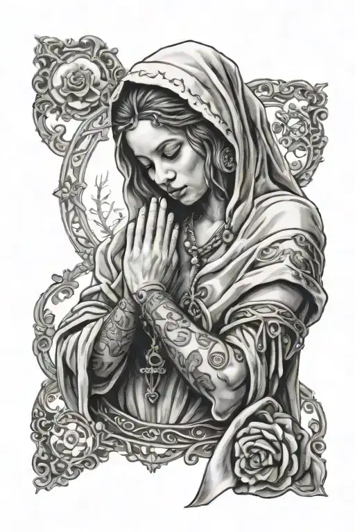 Woman Praying With A Rosary Wrapped