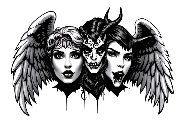 Cholo Girl Angel Face And Devil Face Tattoo Design