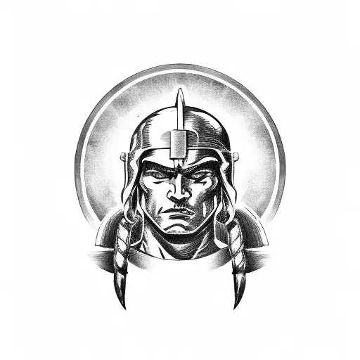 Spartan Warrior Holding An American Flag In Black-grey Style