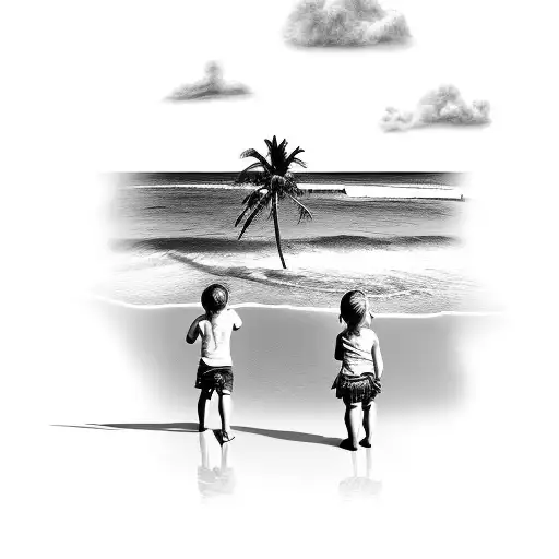 Angel Looking Over 3 Kids Sillouhette Palm Tree Beach