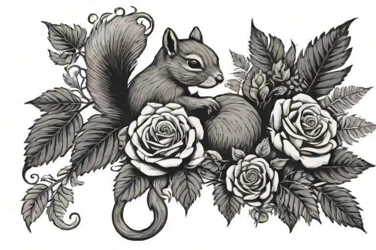 Rose Flowers With Fern Leaves Entwined With A Squirrel