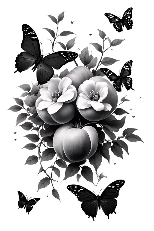 Peach Tree And Butterflies Surrounding
