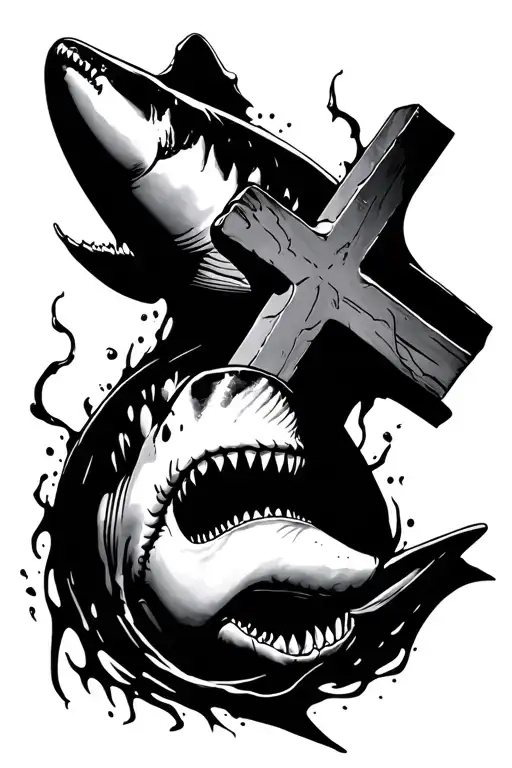 Cross And A Shark Emerging Towards