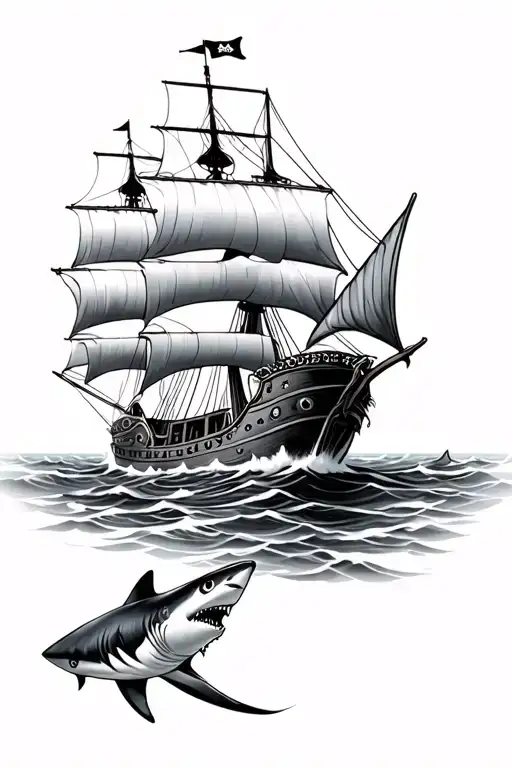 Shark And Pirate Ship Sailing