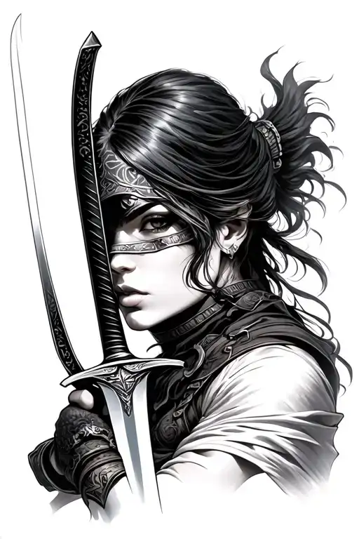 Female Warrior Wielding A Sword Covering Her Face