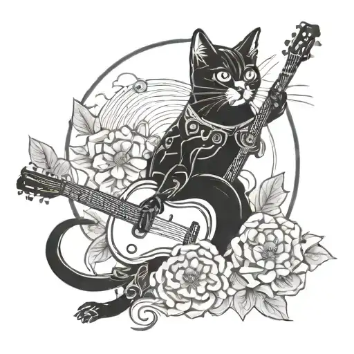 Japan Style Black Cat Playing A Guitar
