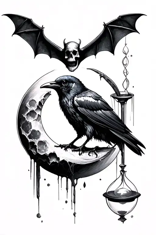 Bats Moon Raven Skull Hourglass