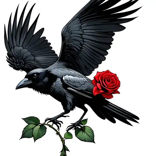 A Crow That Is Flying Holding The Stem Of A Single Red Rose In Its Claws