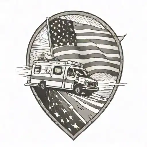 A Black-grey Tattoo Of An Ambulance With The American Flag Waving In The Background