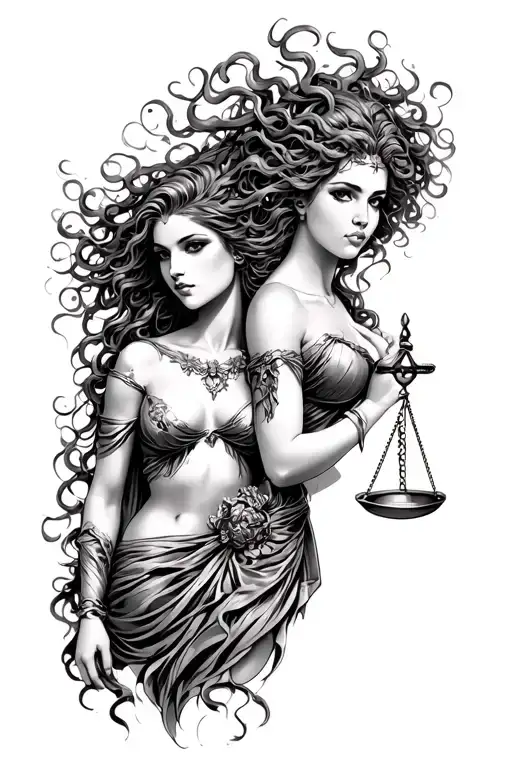 Two Women - Medusa And Lady Justice Intertwined