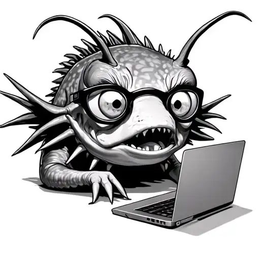Angler Fish Wearing Glasses Using A Laptop