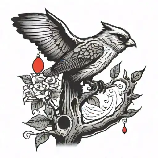 Red Cardnial In Tree With Catsish Swimming Below