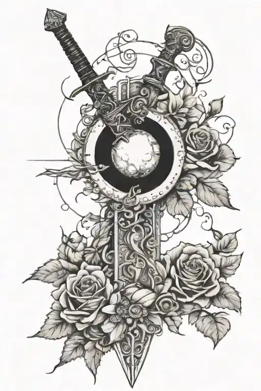 A Sword With The Moon Phases Etched Into It Wrapped In Vines With Flowers But Simplistic