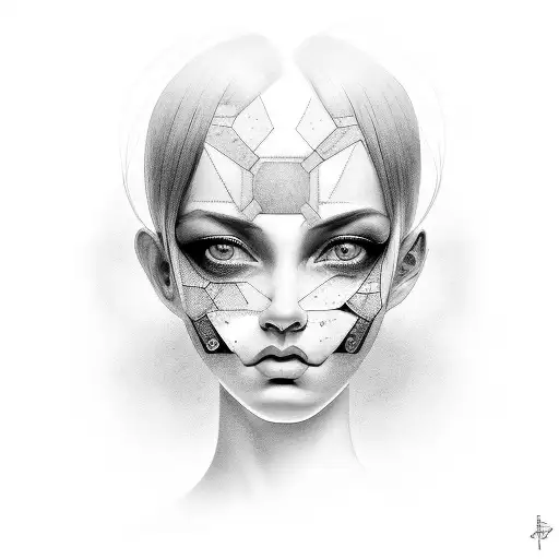 A Black And Grey Portrait Of A Serious Girl With Two Inverted Faces On Each Side