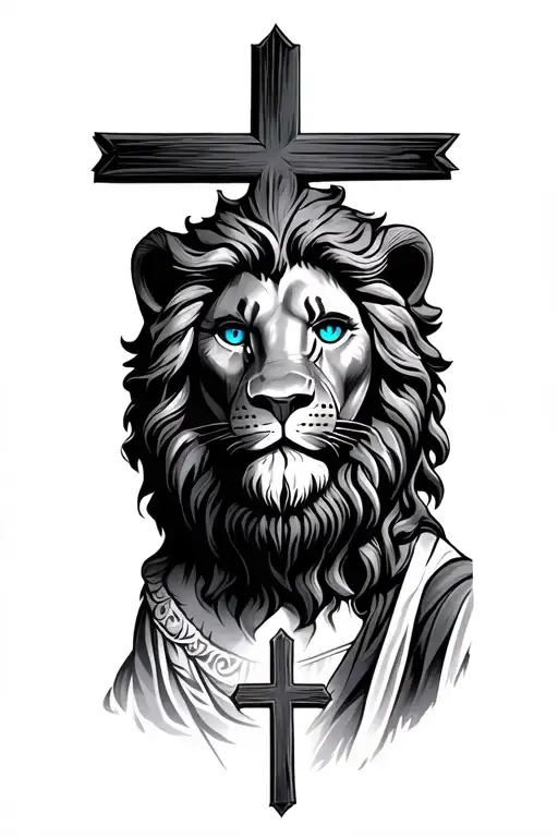 Lion With Blue Eyes And Jesus Christ With Crosses On The Bottom