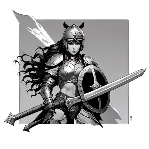 Female Warrior Holdin Sword And Sheild Wearing Helmet Full Armour